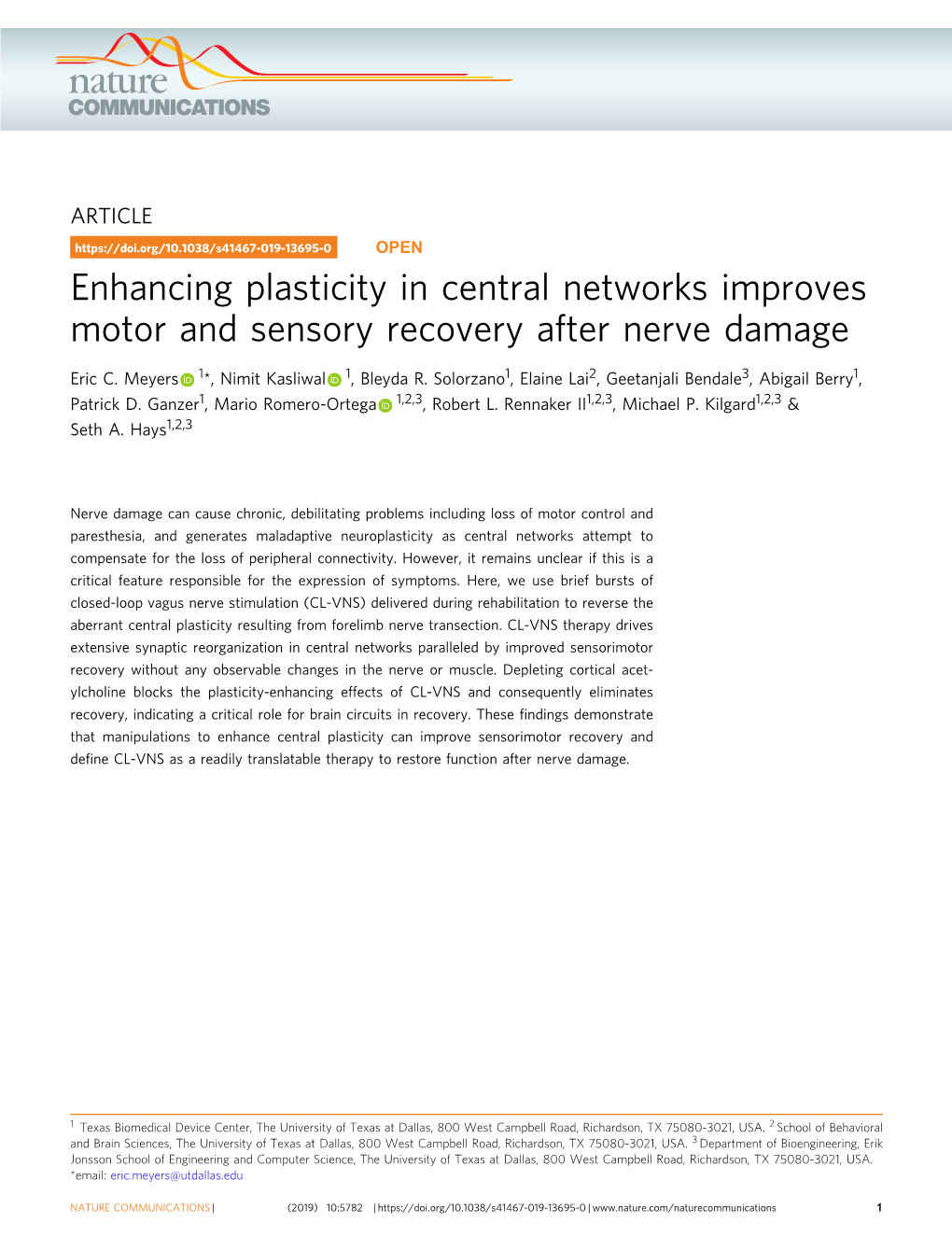 Enhancing Plasticity in Central Networks Improves Motor and Sensory Recovery After Nerve Damage