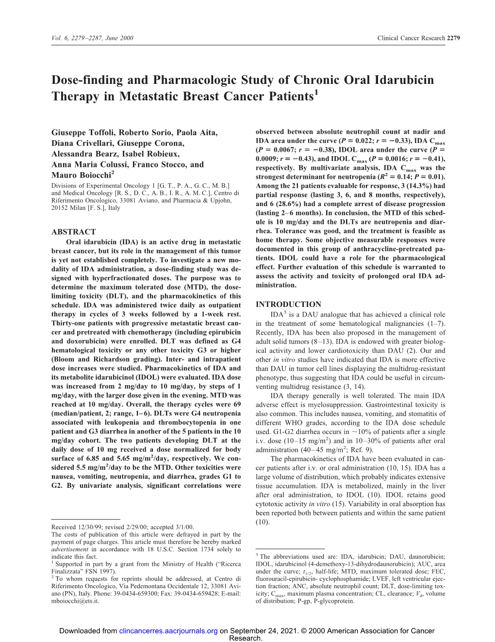 Dose-Finding and Pharmacologic Study of Chronic Oral Idarubicin Therapy in Metastatic Breast Cancer Patients1