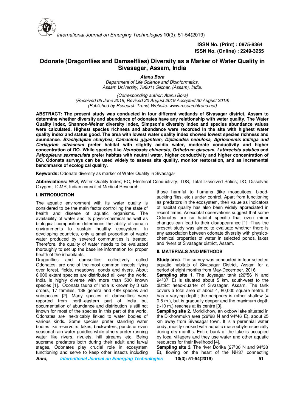 Odonate (Dragonflies and Damselflies) Diversity As a Marker of Water