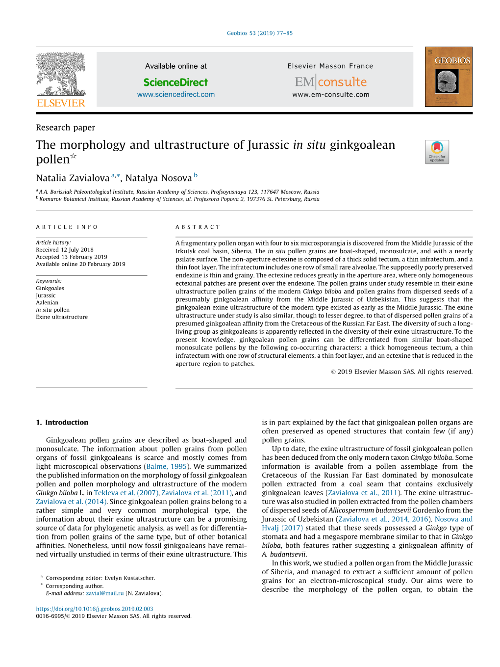 The Morphology and Ultrastructure of Jurassic in Situ Ginkgoalean Pollen§