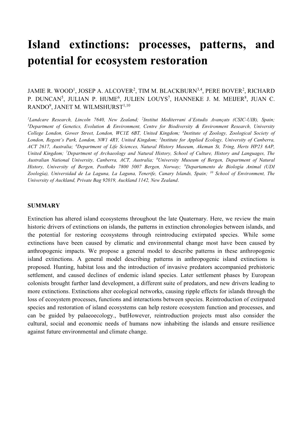 Island Extinctions: Processes, Patterns, and Potential for Ecosystem Restoration