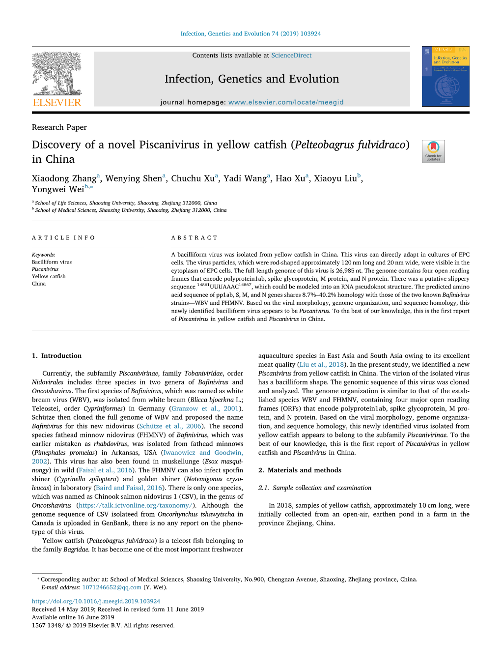 Discovery of a Novel Piscanivirus in Yellow Catfish (Pelteobagrus