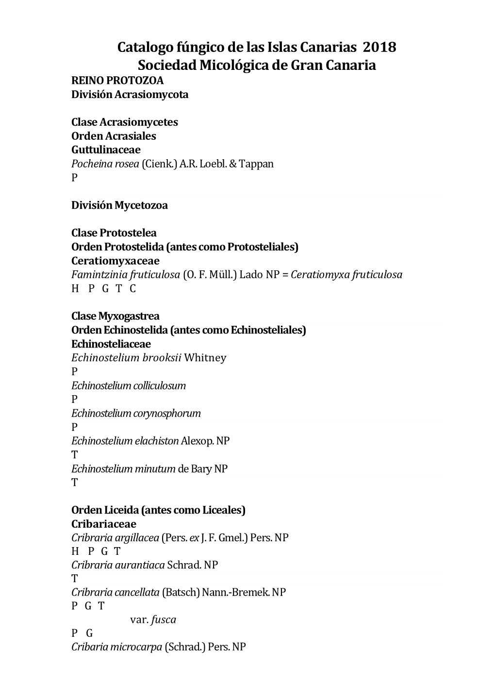 Catalogo Fúngico De Las Islas Canarias 2018 Sociedad Micológica De Gran Canaria REINO PROTOZOA División Acrasiomycota