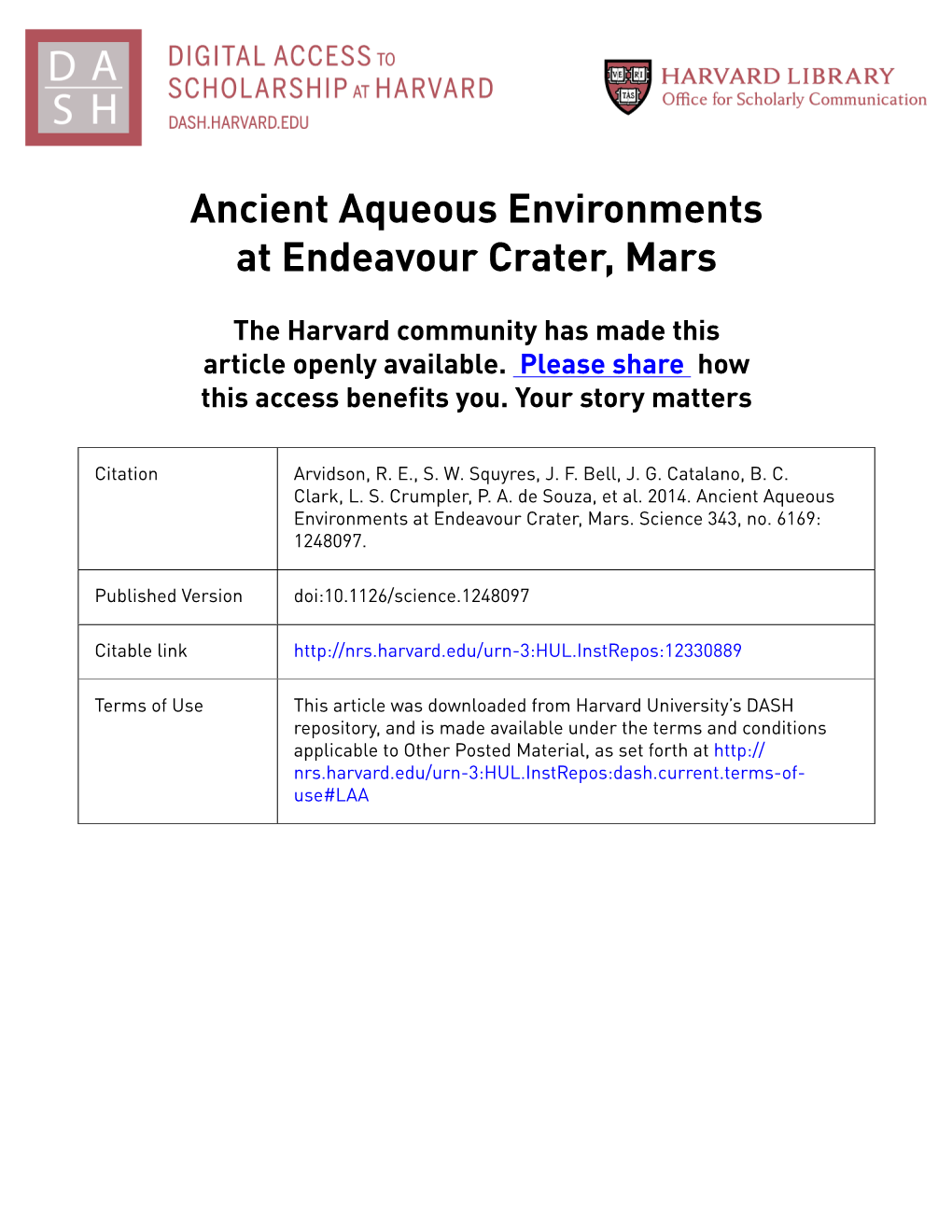 Ancient Aqueous Environments at Endeavour Crater, Mars