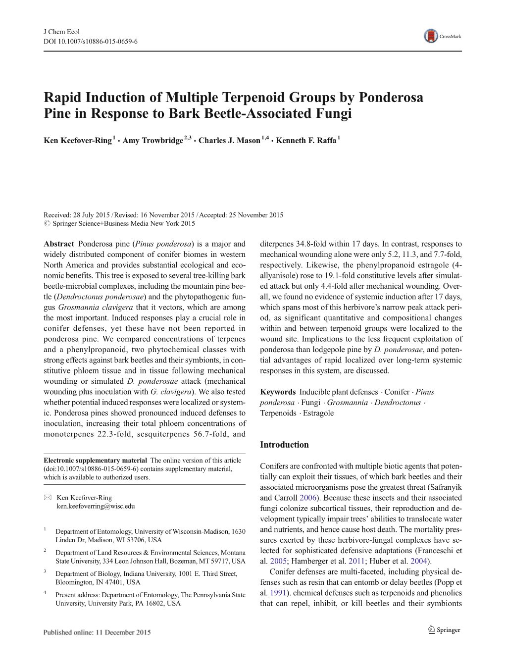 Rapid Induction of Multiple Terpenoid Groups by Ponderosa Pine in Response to Bark Beetle-Associated Fungi