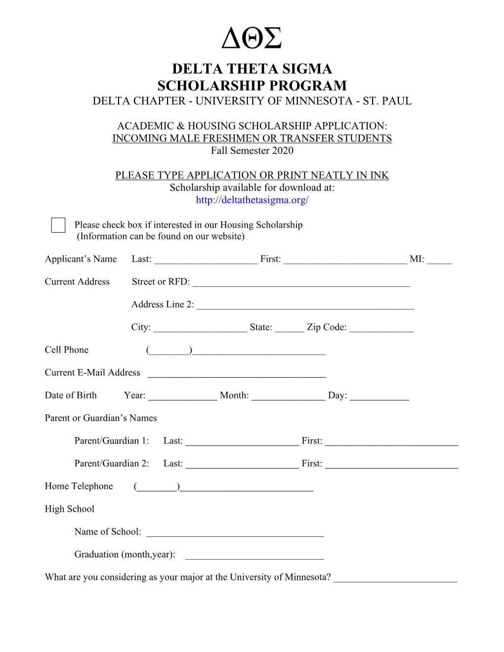 Delta Theta Sigma Scholarship Program Delta Chapter - University of Minnesota - St