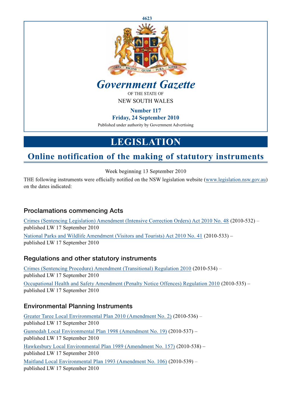 Government Gazette of the STATE of NEW SOUTH WALES Number 117 Friday, 24 September 2010 Published Under Authority by Government Advertising