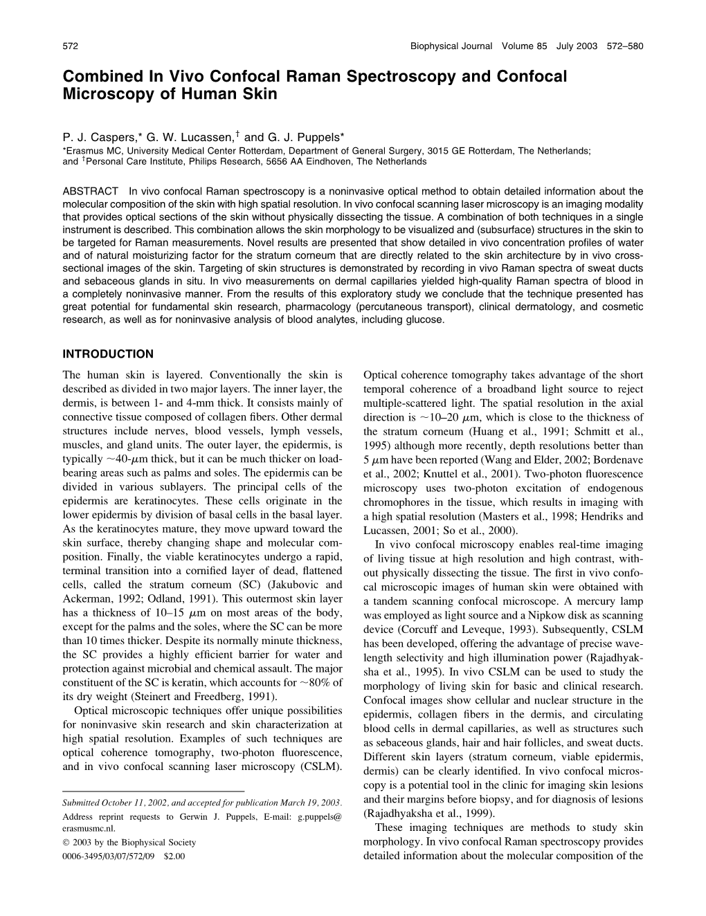 Combined in Vivo Confocal Raman Spectroscopy and Confocal Microscopy of Human Skin