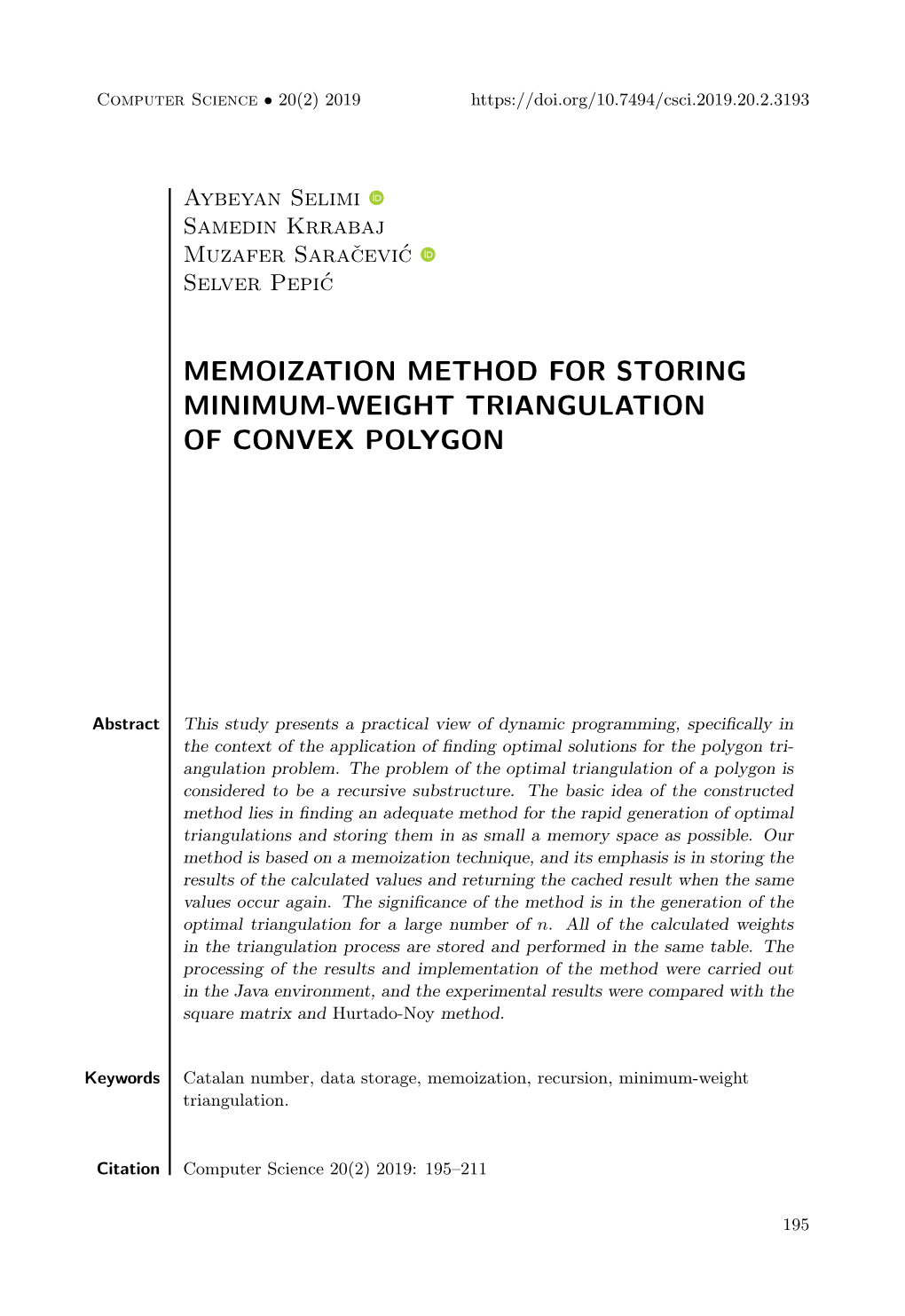 Memoization Method for Storing Minimum-Weight Triangulation of Convex Polygon