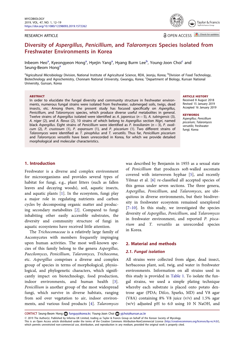 Diversity of Aspergillus, Penicillium, and Talaromyces Species Isolated from Freshwater Environments in Korea