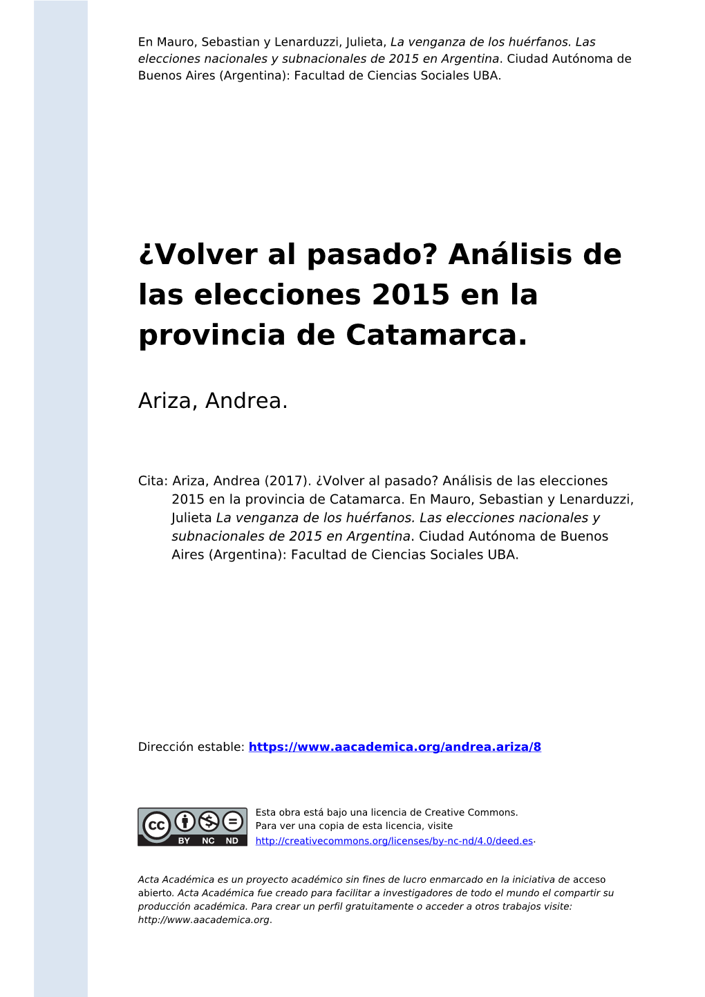 Análisis De Las Elecciones 2015 En La Provincia De Catamarca