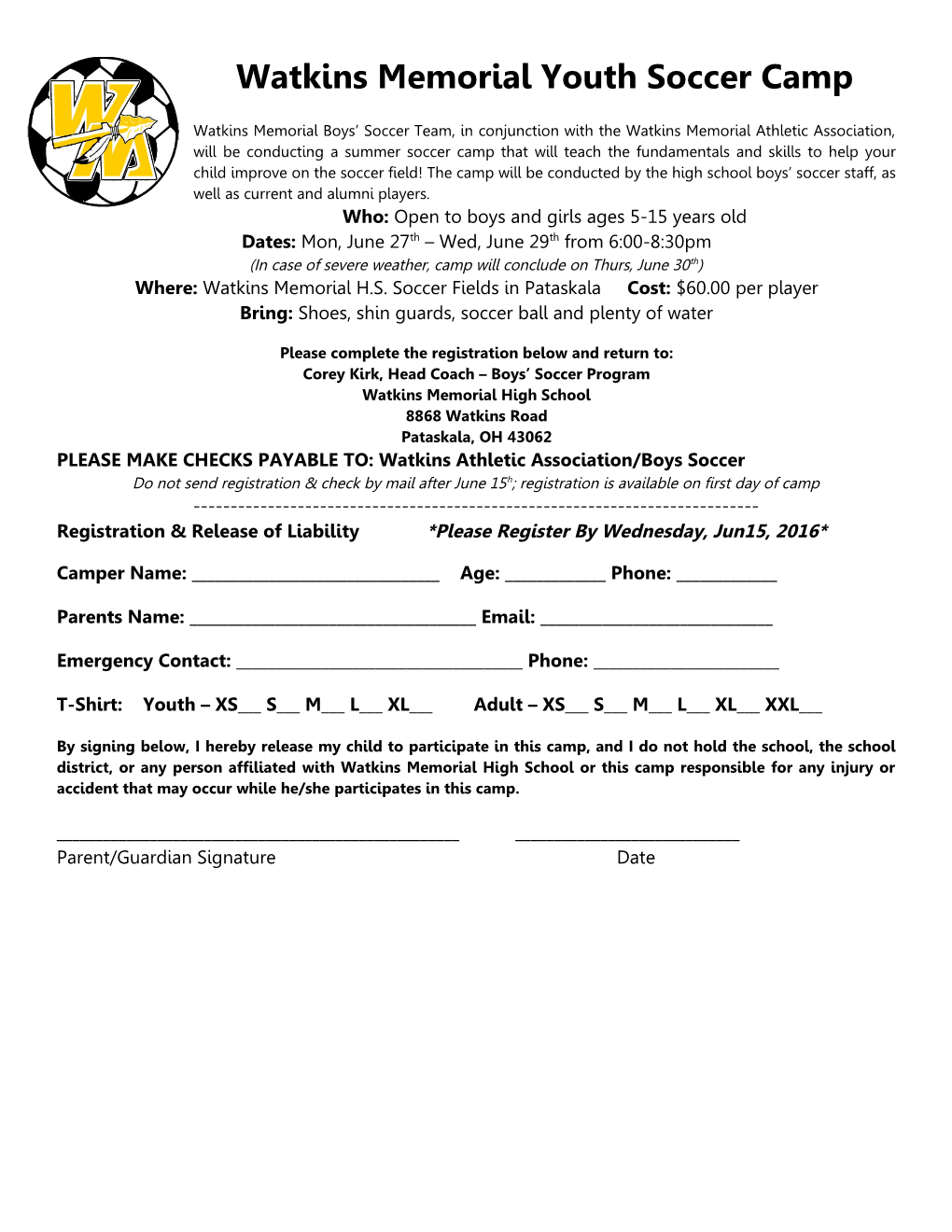 Watkins Memorial Youth Soccer Camp