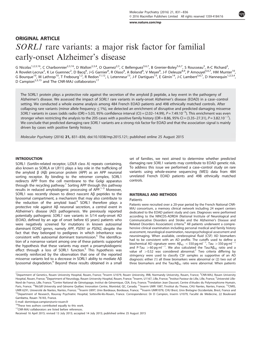 SORL1 Rare Variants: a Major Risk Factor for Familial Early-Onset Alzheimer’S Disease