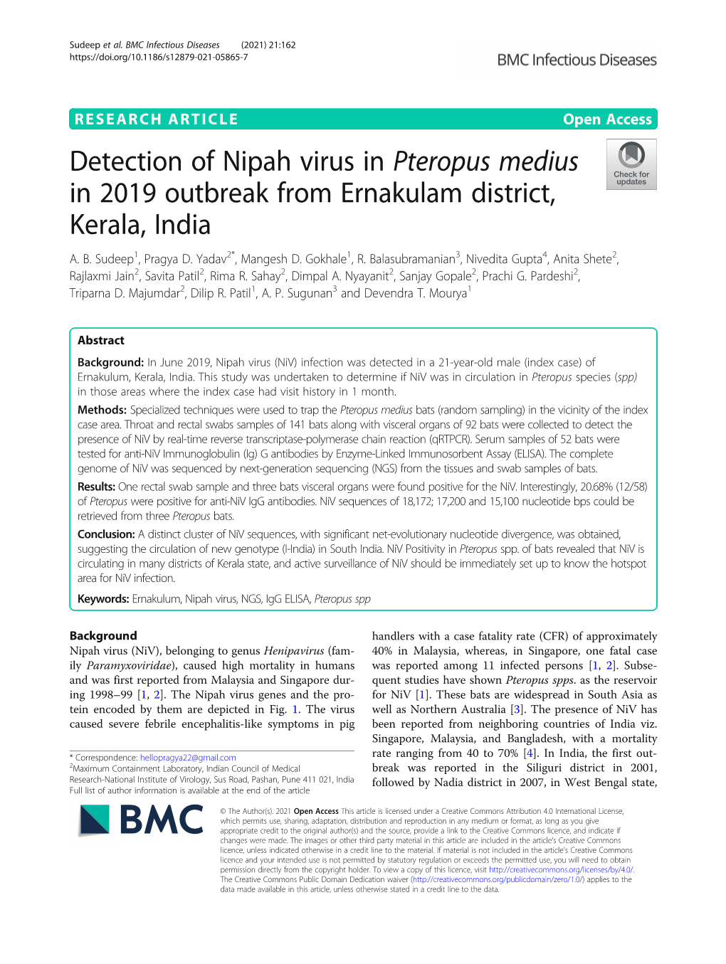 Detection of Nipah Virus in Pteropus Medius in 2019 Outbreak from Ernakulam District, Kerala, India A