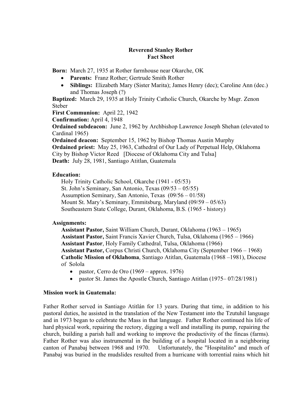 Reverend Stanley Rother Fact Sheet Born