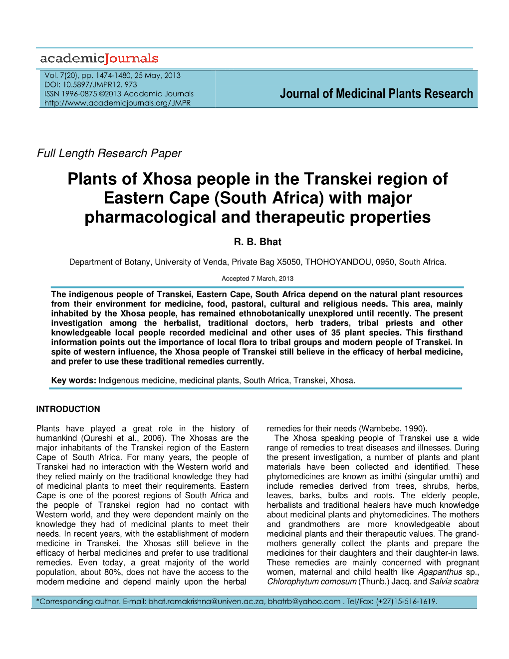 Plants of Xhosa People in the Transkei Region of Eastern Cape (South Africa) with Major Pharmacological and Therapeutic Properties