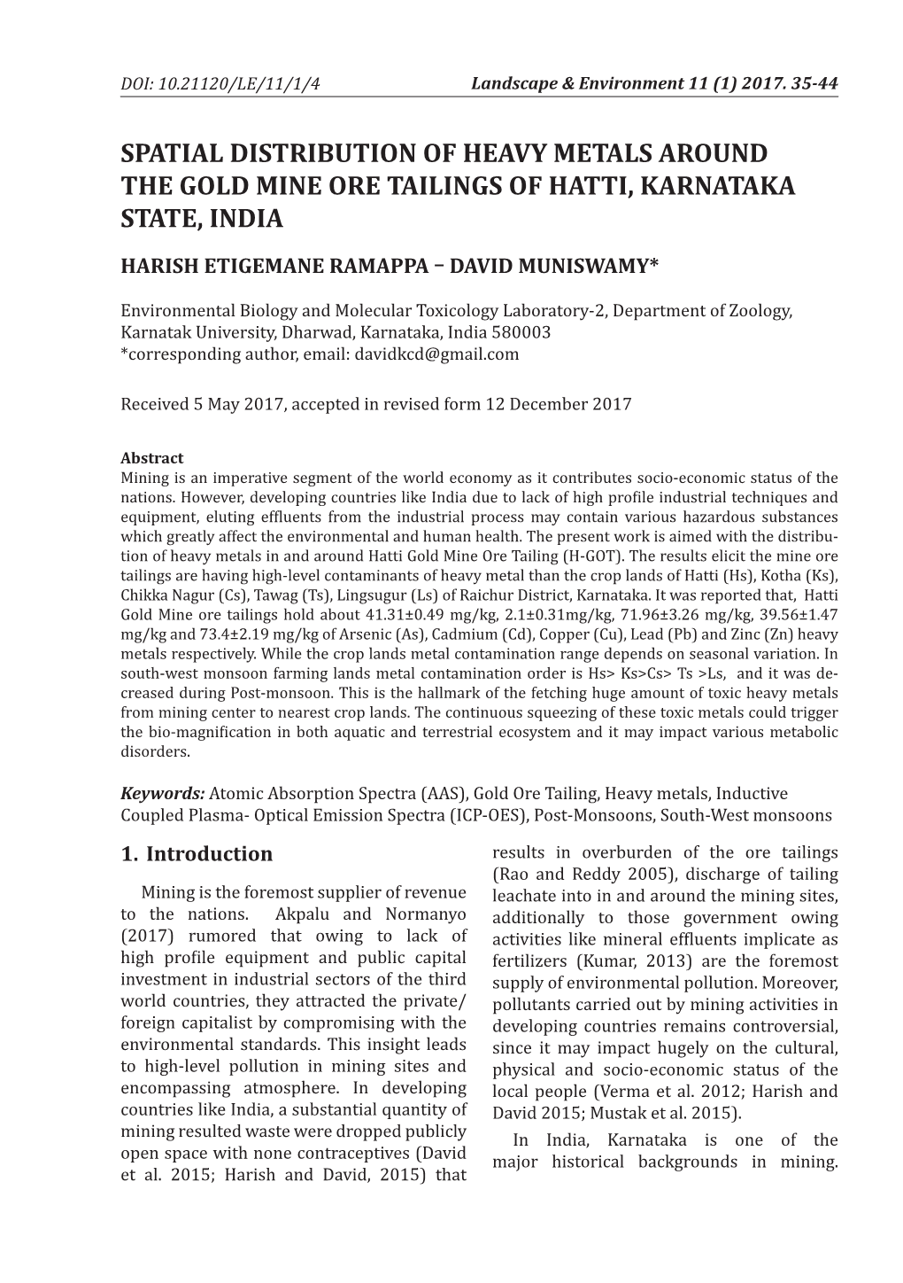 Spatial Distribution of Heavy Metals Around the Gold Mine Ore Tailings of Hatti, Karnataka State, India