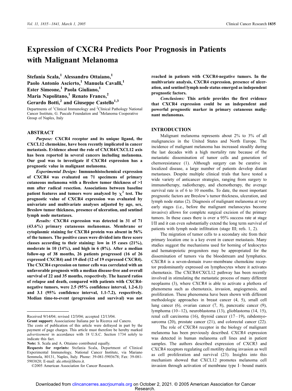 Expression of CXCR4 Predicts Poor Prognosis in Patients with Malignant Melanoma