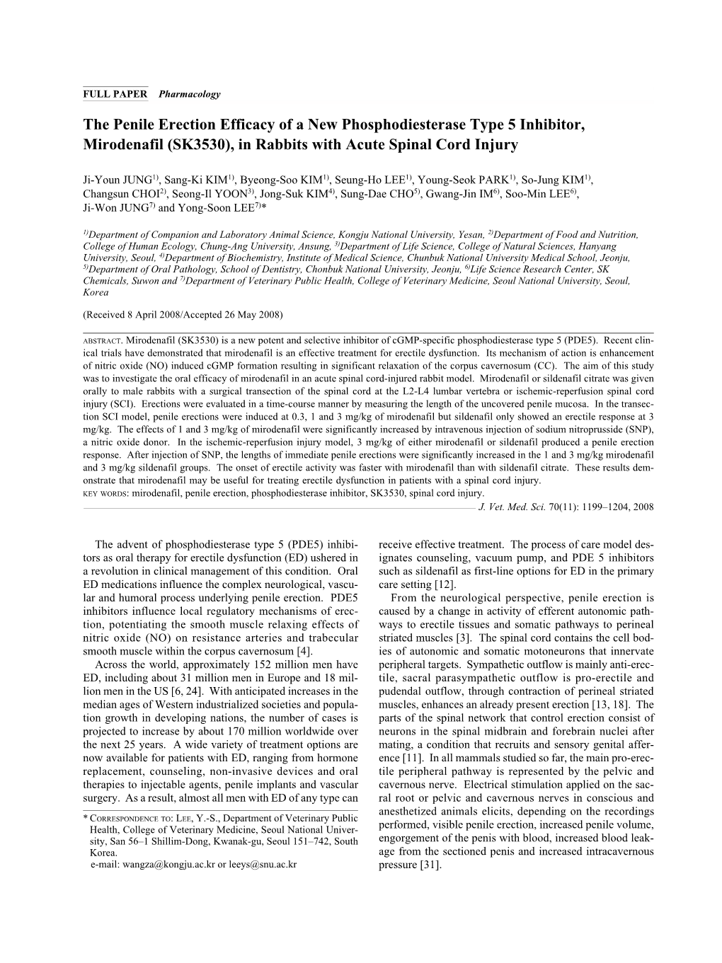 The Penile Erection Efficacy of a New Phosphodiesterase Type 5 Inhibitor, Mirodenafil (SK3530), in Rabbits with Acute Spinal Cord Injury