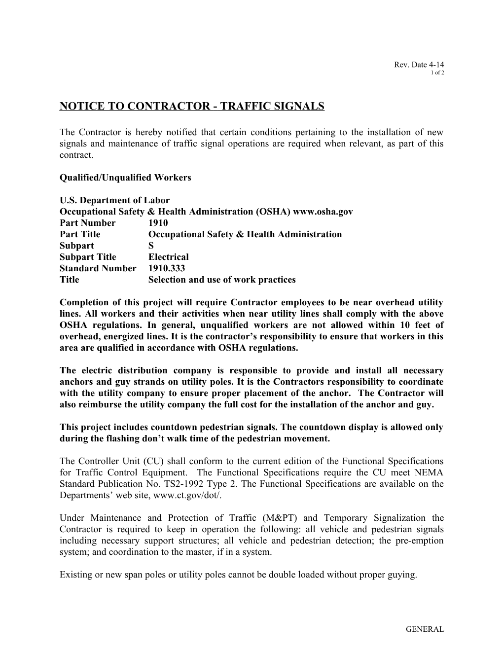 Notice to Contractor - Traffic Signals