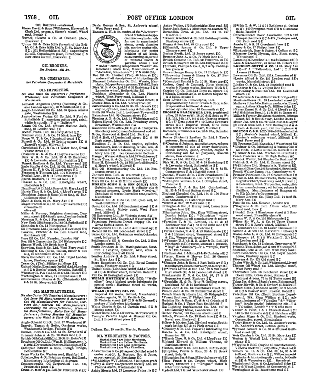 POST OFFICE LONDON OIL '()Jt Lk>ILERS-WJI!Inuffl, Davit! George & Son, St• .A.Ndrew's Wharf, Ash by Waiter, 273 Rotherl.Lithe New Road SE: U*Tidet