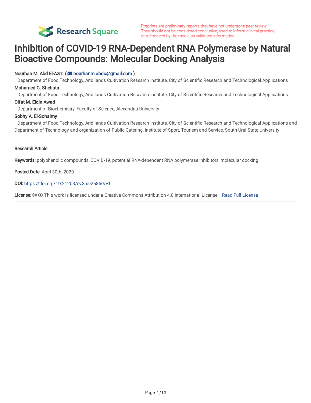 Inhibition of COVID-19 RNA-Dependent RNA Polymerase by Natural Bioactive Compounds: Molecular Docking Analysis