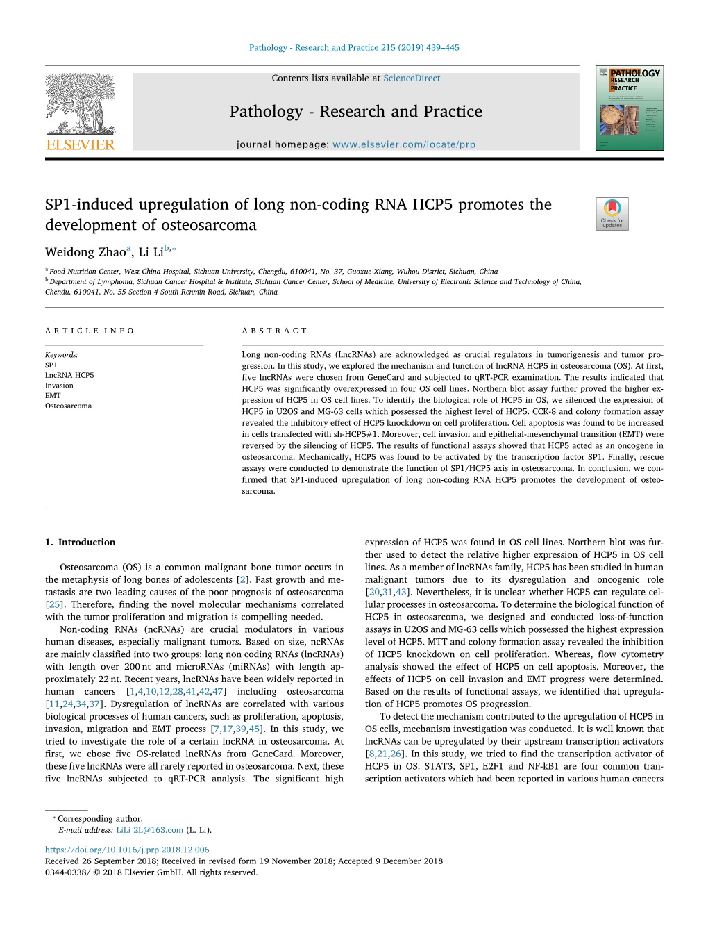 SP1-Induced Upregulation of Long Non-Coding RNA HCP5 Promotes The