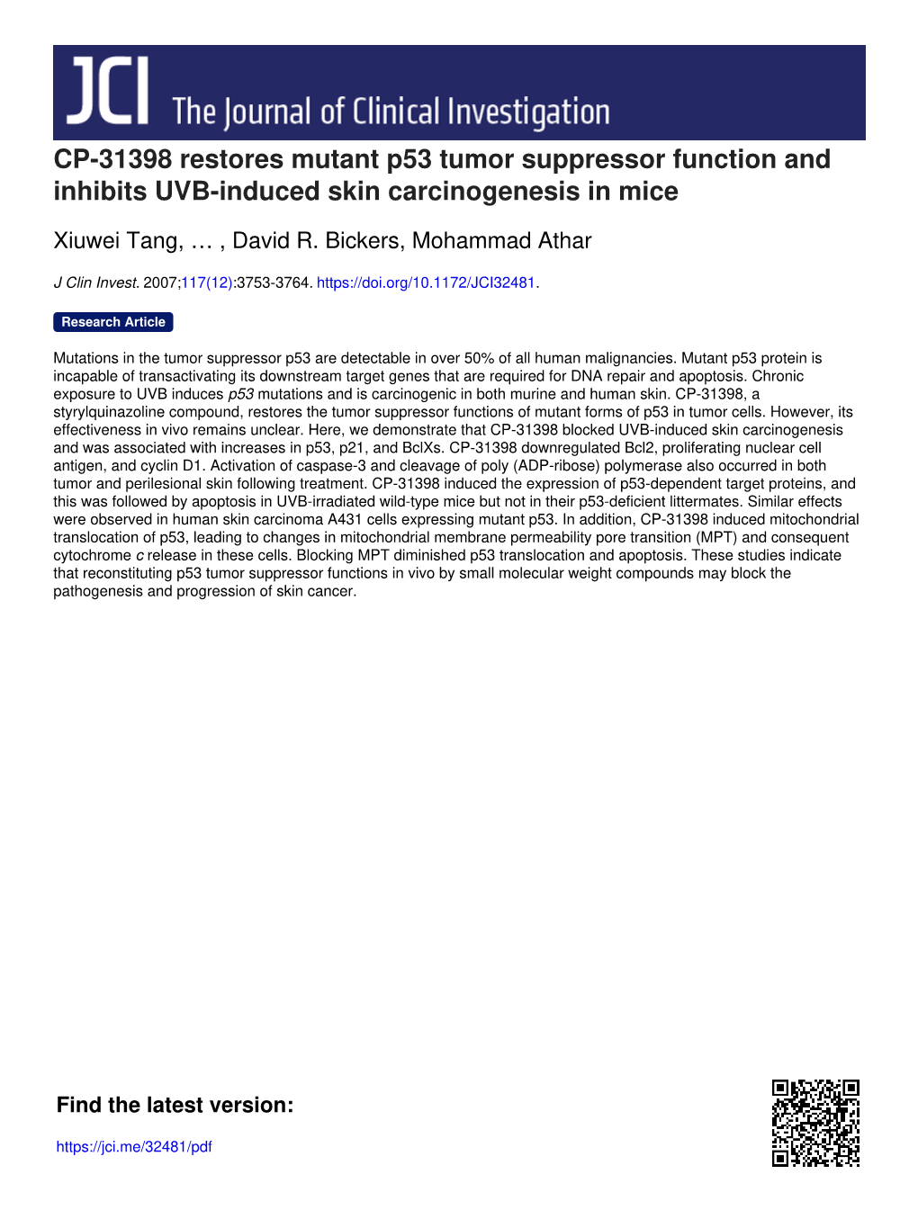 CP-31398 Restores Mutant P53 Tumor Suppressor Function and Inhibits UVB-Induced Skin Carcinogenesis in Mice