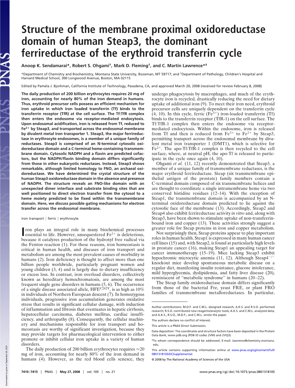 Structure of the Membrane Proximal Oxidoreductase Domain of Human Steap3, the Dominant Ferrireductase of the Erythroid Transferrin Cycle