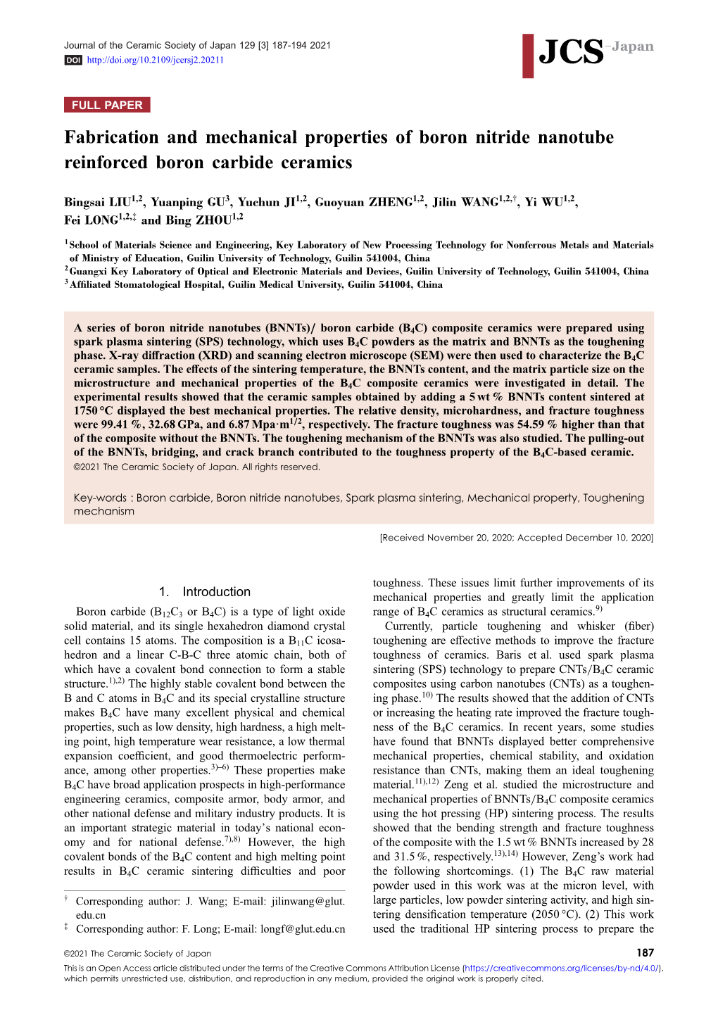 Fabrication and Mechanical Properties of Boron Nitride Nanotube Reinforced Boron Carbide Ceramics