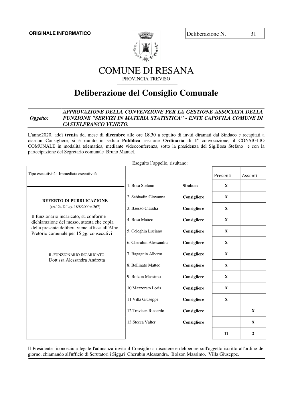 COMUNE DI RESANA PROVINCIA TREVISO Deliberazione Del Consiglio Comunale