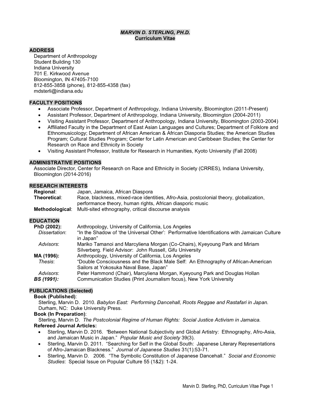 Marvin D. Sterling, Phd, Curriculum Vitae Page 1 MARVIN D