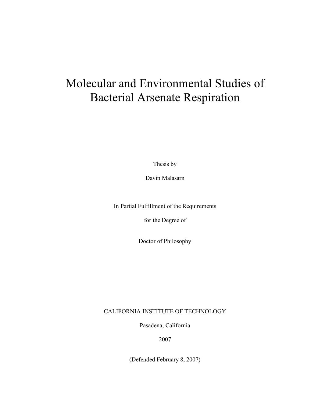 Molecular and Environmental Studies of Bacterial Arsenate Respiration