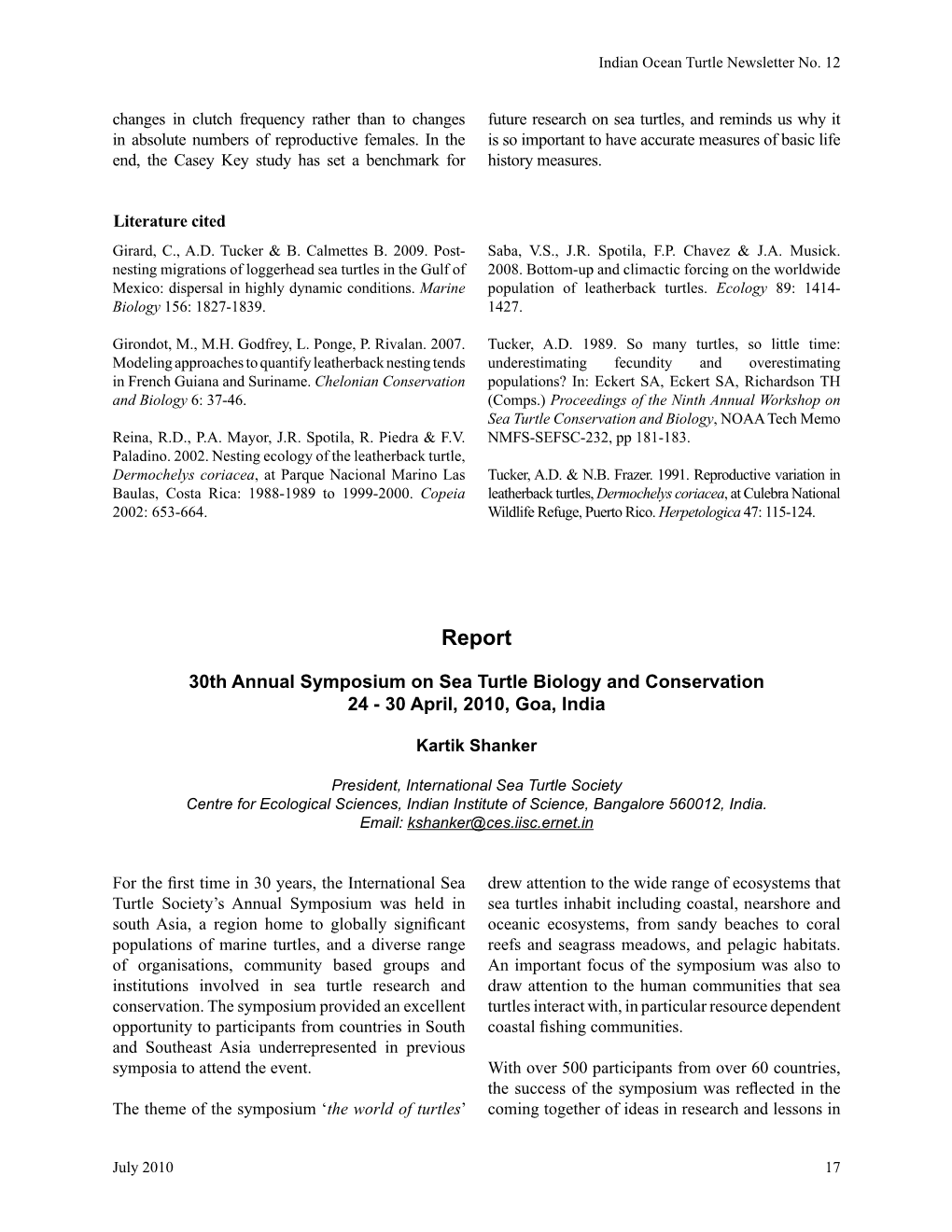 30Th Annual Symposium on Sea Turtle Biology and Conservation 24 - 30 April, 2010, Goa, India