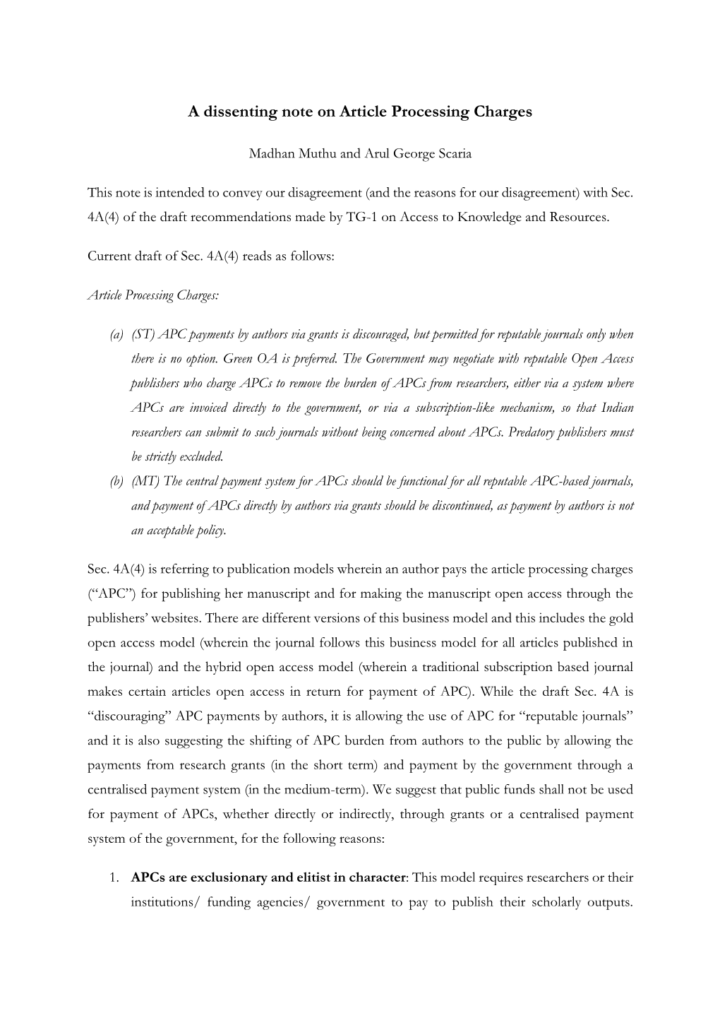 A Dissenting Note on Article Processing Charges