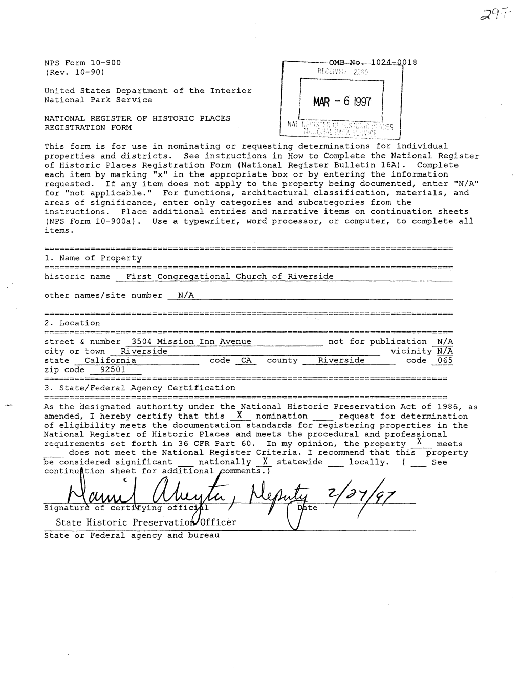 Signature of Certifying Official / State Historic Preservation/Officer