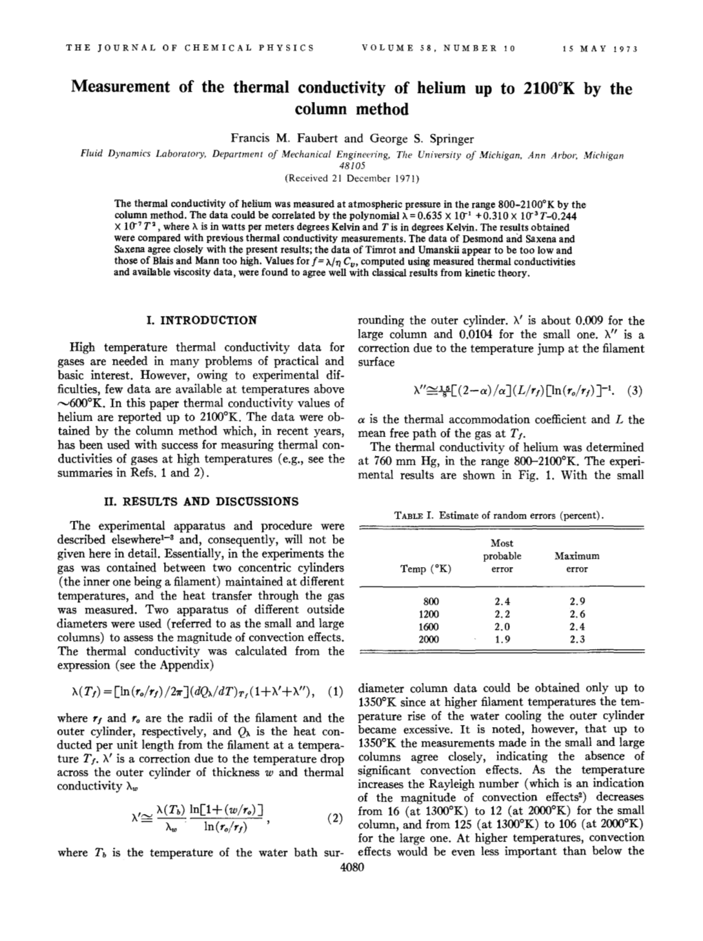 Measurement of the Thermal Conductivity of Helium up to 21000K by the Column Method