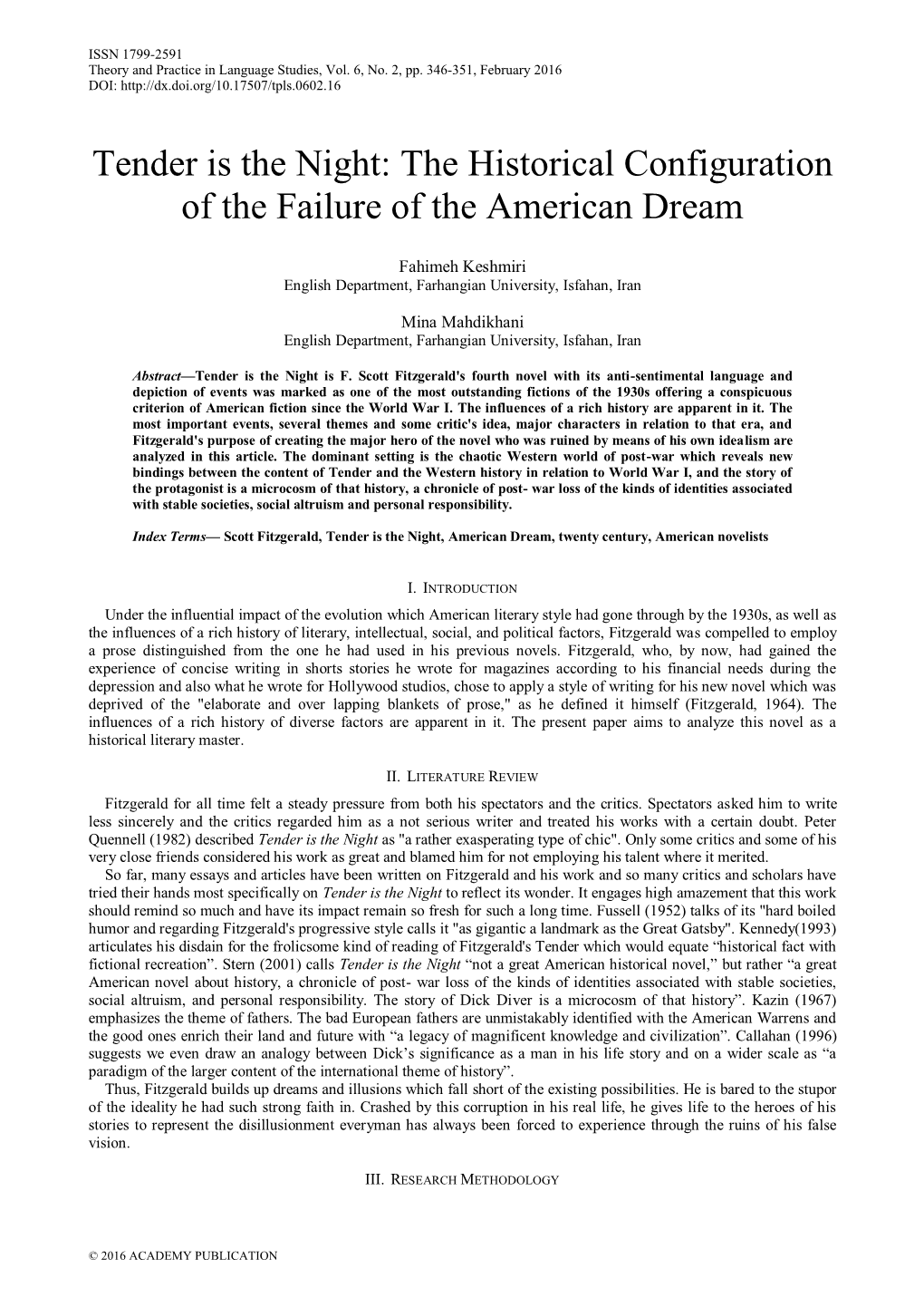 Tender Is the Night: the Historical Configuration of the Failure of the American Dream