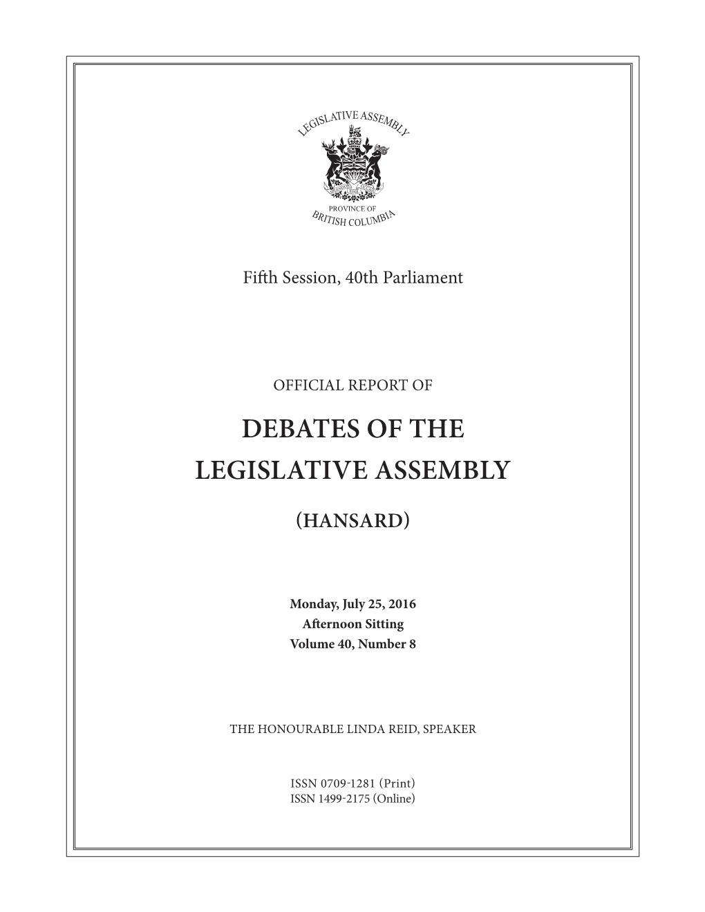 Debates of the Legislative Assembly