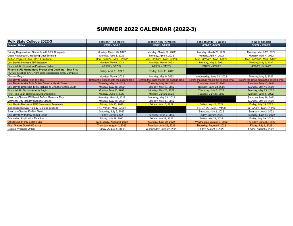 Polk State College Summer Academic Calendar 2022