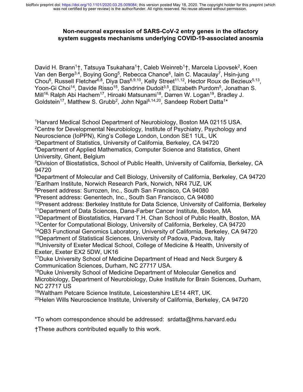 Non-Neuronal Expression of SARS-Cov-2 Entry Genes in the Olfactory System Suggests Mechanisms Underlying COVID-19-Associated Anosmia