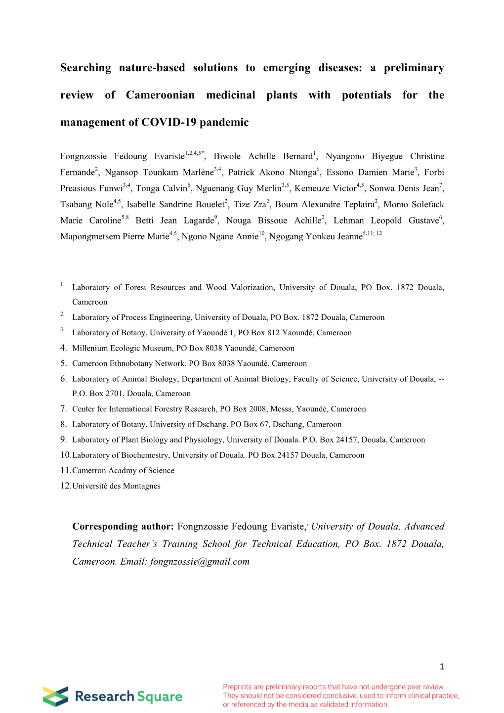 A Preliminary Review of Cameroonian Medicinal Plants with Potentials for the Management of COVID-19 Pandemic