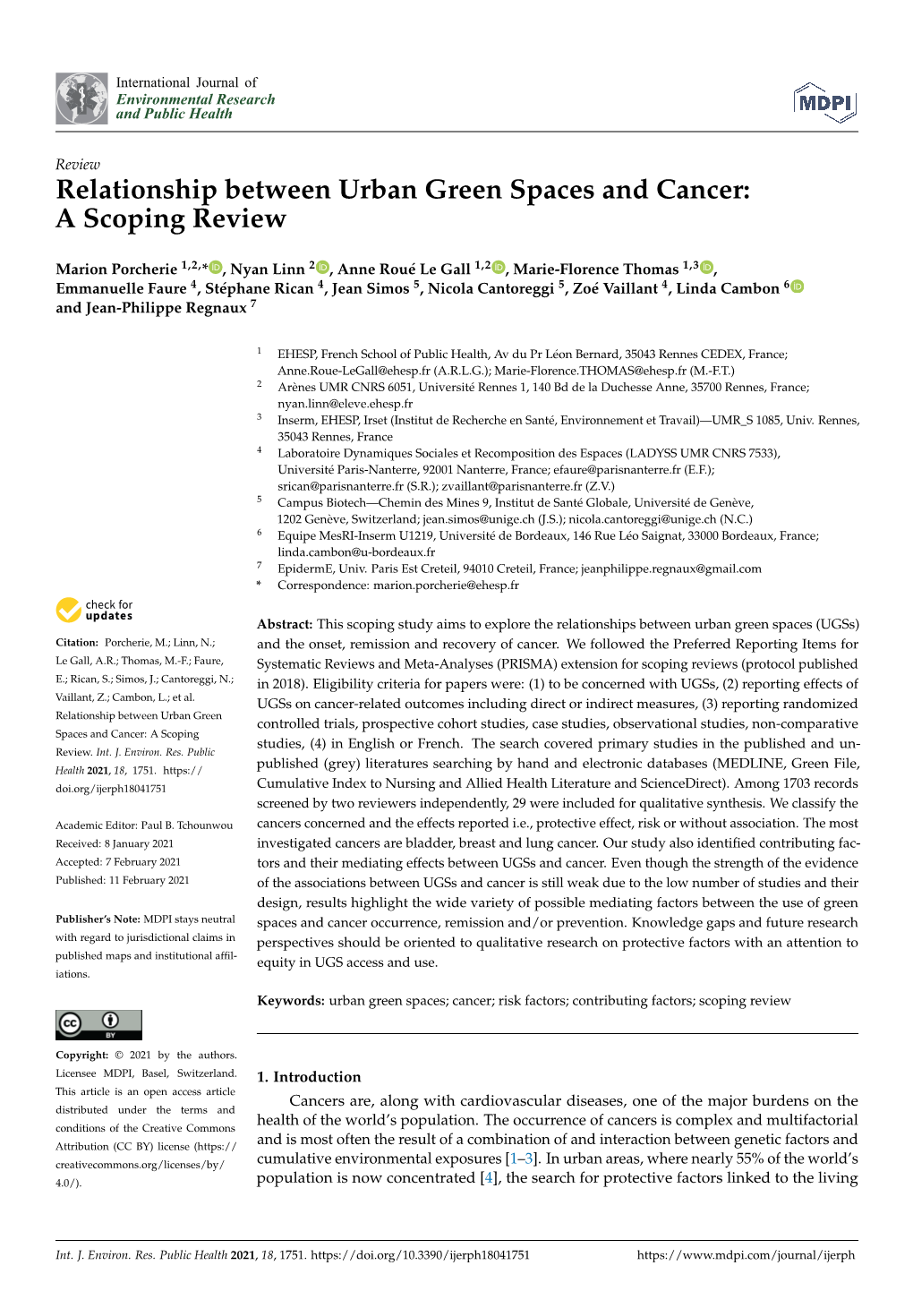 Relationship Between Urban Green Spaces and Cancer: a Scoping Review