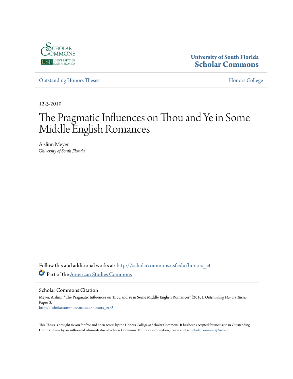 The Pragmatic Influences on Thou and Ye in Some Middle English Romances