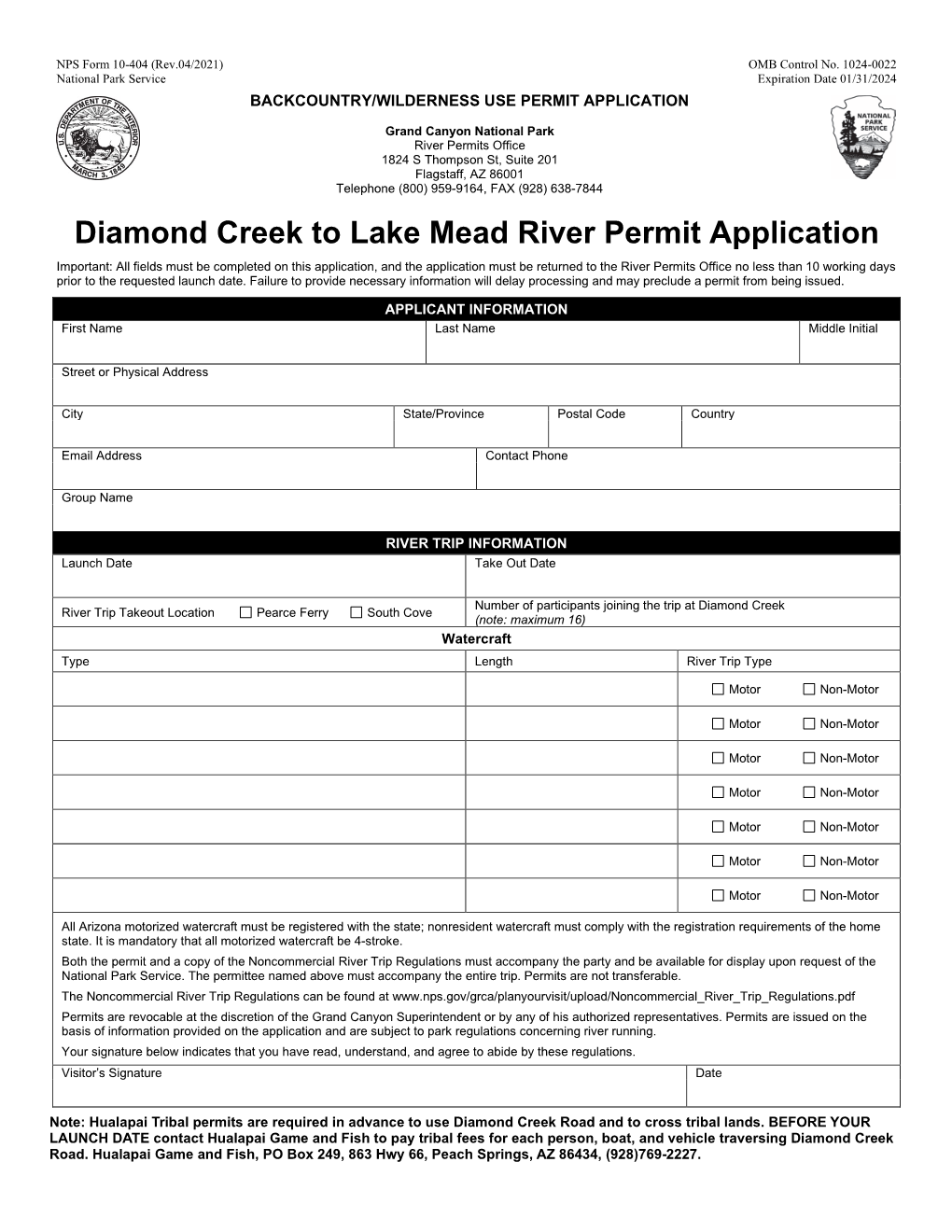 Diamond Creek to Lake Mead Permit Application