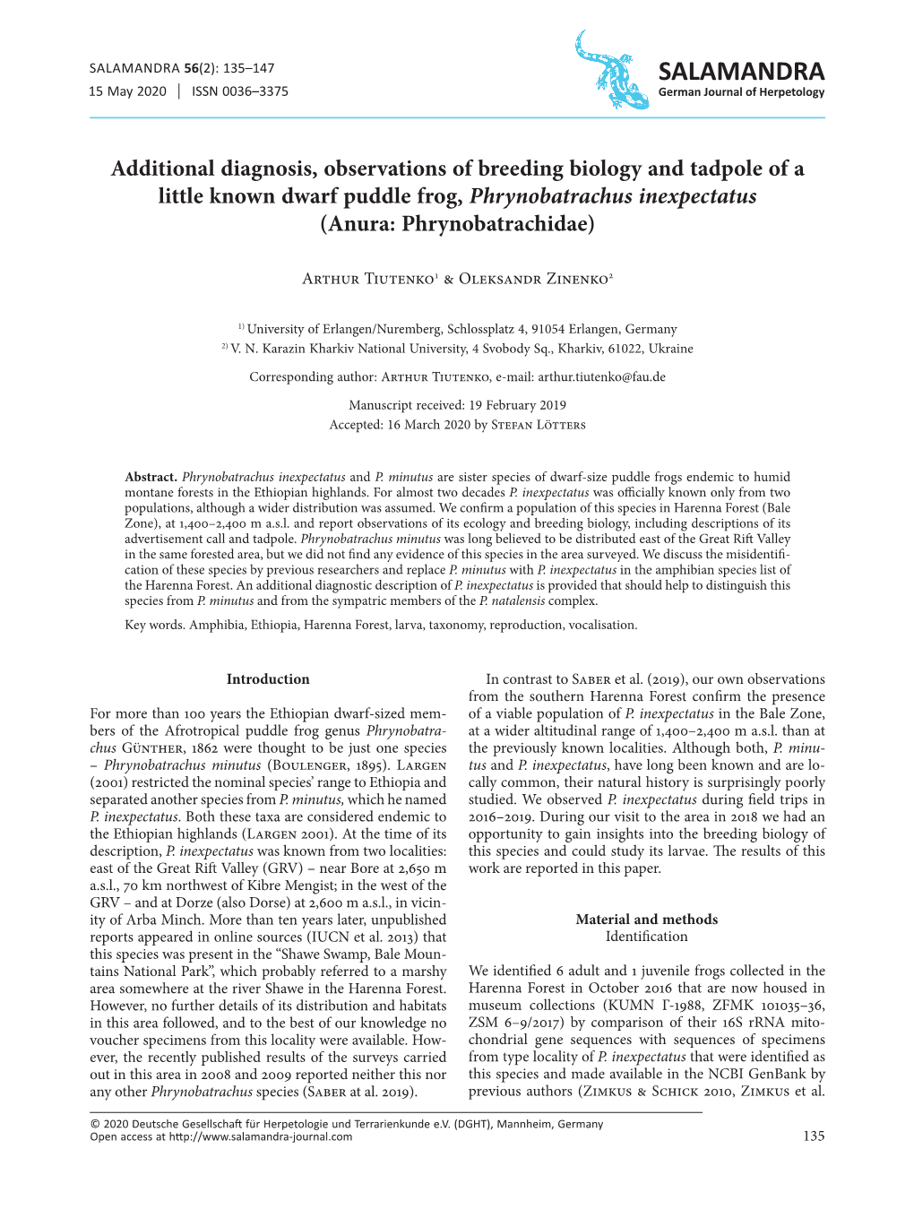 Additional Diagnosis, Observations of Breeding Biology and Tadpole of a Little Known Dwarf Puddle Frog, Phrynobatrachus Inexpectatus (Anura: Phrynobatrachidae)