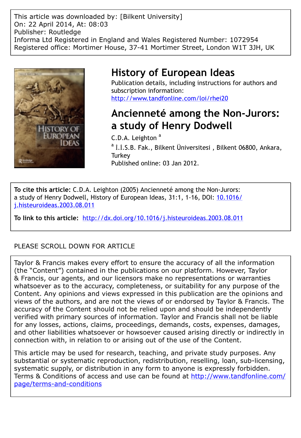 A Study of Henry Dodwell C.D.A