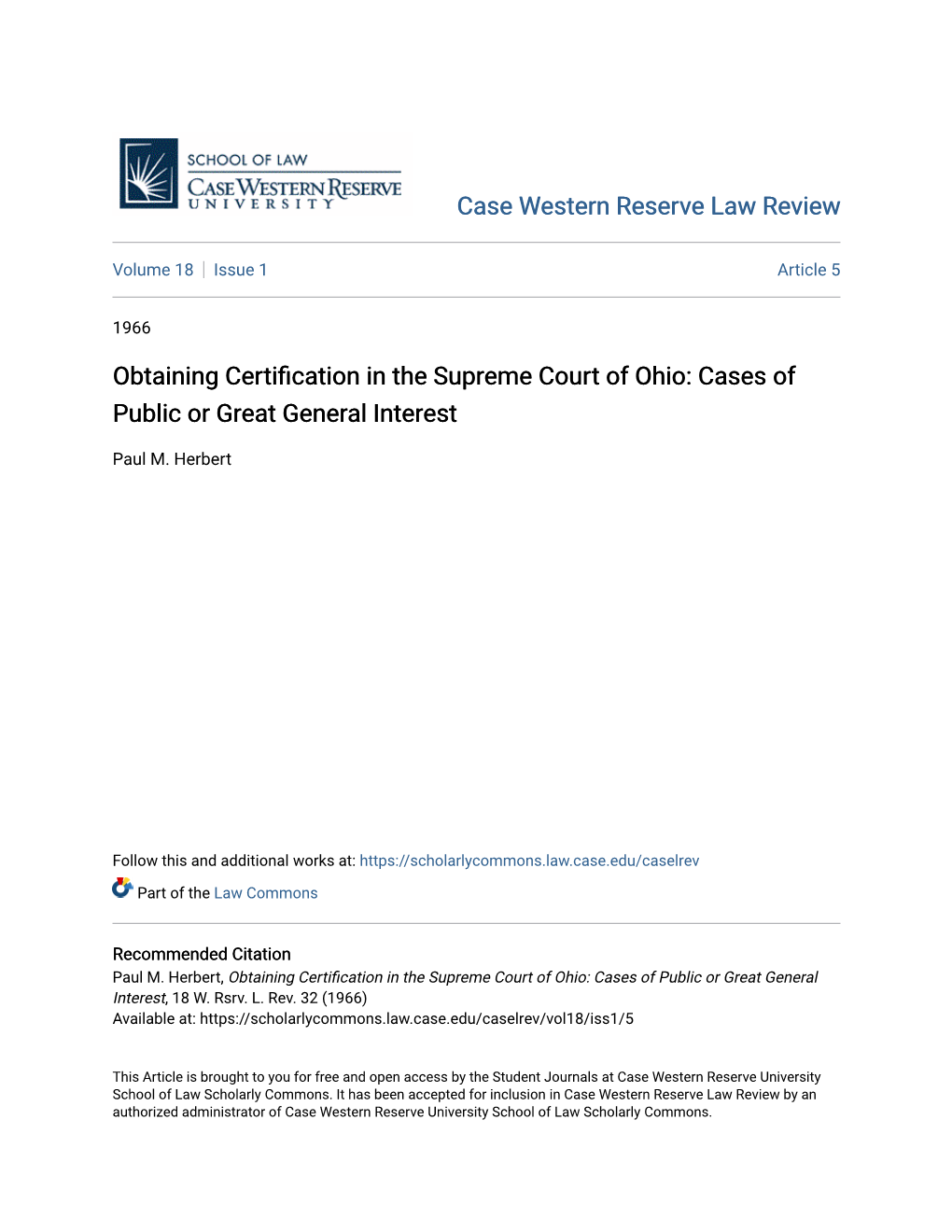 Obtaining Certification in the Supreme Court of Ohio: Cases of Public Or Great General Interest