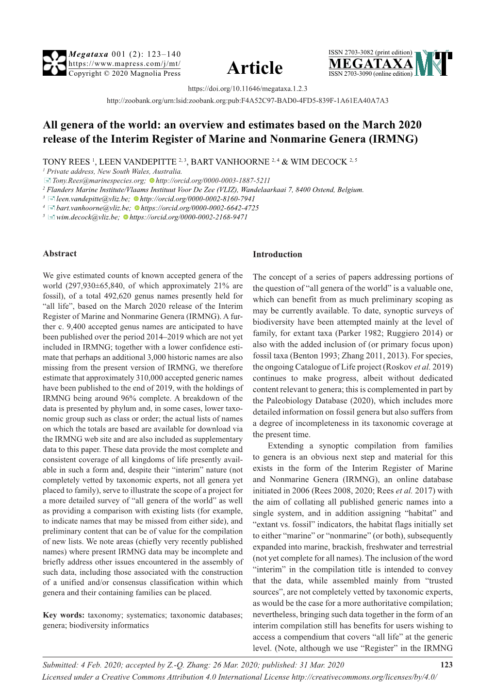 Genera of the World: an Overview and Estimates Based on the March 2020 Release of the Interim Register of Marine and Nonmarine Genera (IRMNG)