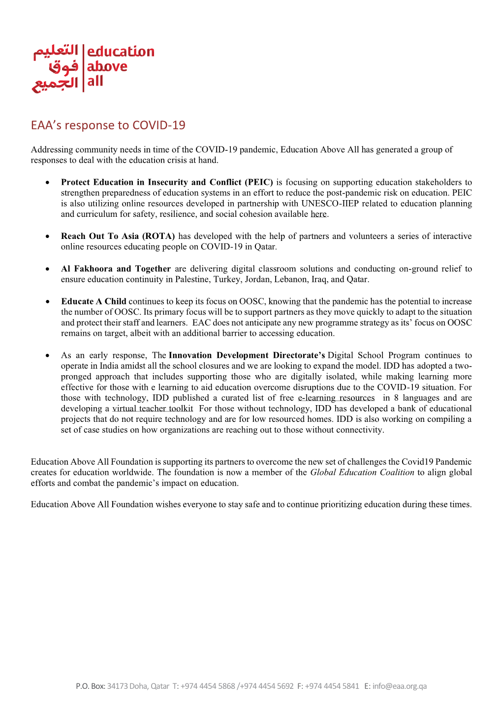 EAA's Response to COVID-19